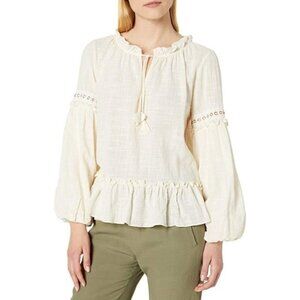Misa Ivory Blouse Top Crochet Grommet Puff Sleeve Ruffle Extra Small XS